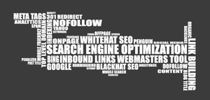 Wortwolke mit SEO-Begriffen wie Search Engine Optimization, Whitehat SEO, Blackhat SEO, Link Building, Meta Tags, Backlinks, Panda, Penguin und weiteren technischen SEO-Begriffen.