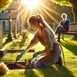 Eine Frau pflegt ein Grab auf einem Friedhof, während ein älterer Mann sie von einer Bank aus beobachtet.