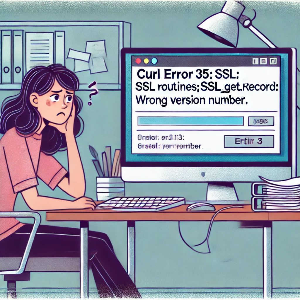 Eine Frau sitzt vor einem Computer mit angezeigter Fehlermeldung 'cURL Error 35: SSL routines:ssl3_get_record version number' in einem Büro.