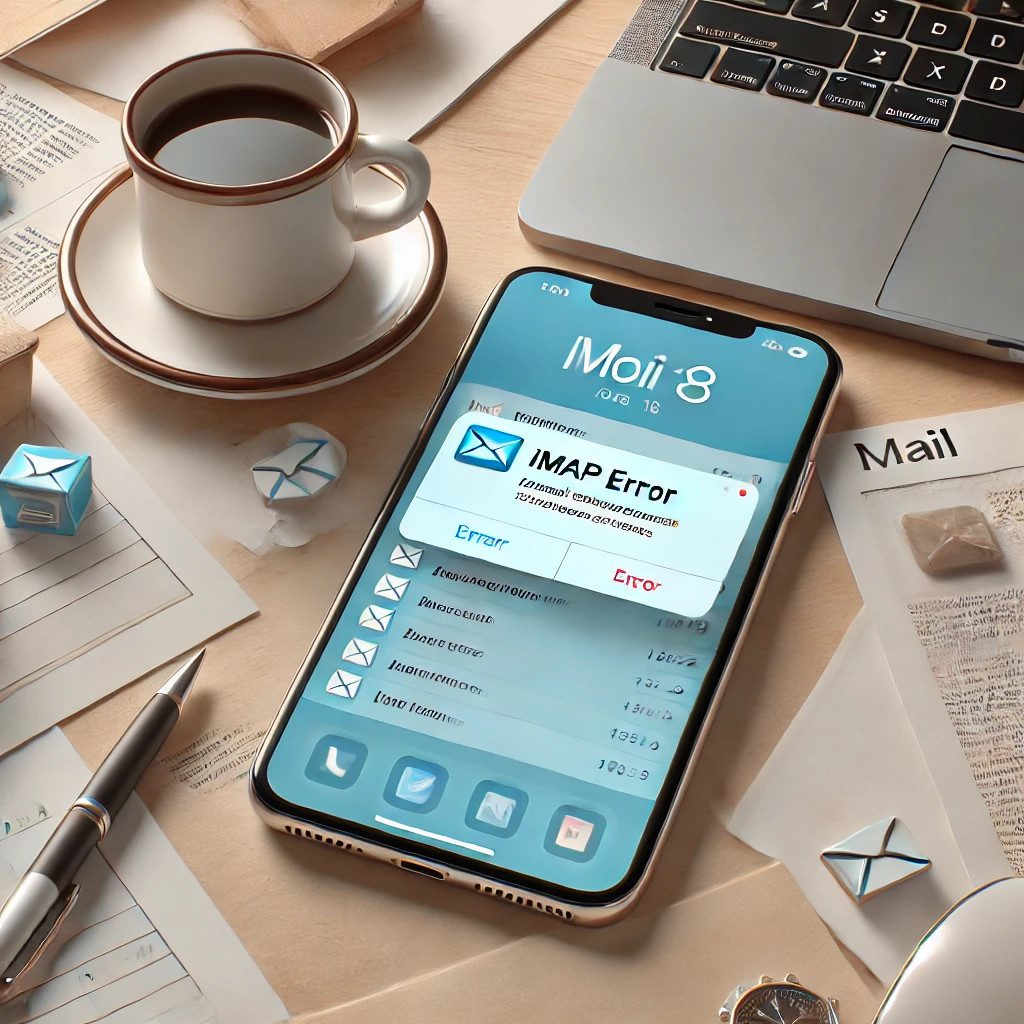 Ein iPhone mit iOS 18 zeigt IMAP-Fehler in der Mail-App, platziert auf einem minimalistischen Schreibtisch mit Laptop und einer Kaffeetasse.