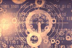 Das Bild zeigt eine abstrakte Darstellung von digitalen Elementen, darunter Binärcode (Einsen und Nullen), konzentrische Kreise und ein Fadenkreuz, die einen technologischen oder futuristischen Hintergrund bilden. Im Vordergrund ist eine Hand zu sehen, die auf einen der Kreise zeigt, was auf Interaktivität oder Auswahl hindeuten könnte.