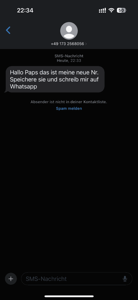 Spam-SMS mit der Nachricht: Hallo Paps das ist meine neue Nr. Speichere sie und schreib mir auf Whatsapp.