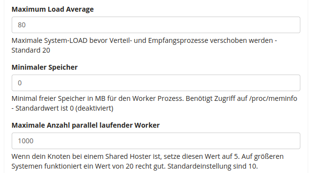 Das Bild zeigt die "Maximum Load Average" in Friendica, die auf 80 gesetzt ist. Diese Einstellung gibt die maximale System-Load an, bevor Verteil- und Empfangsprozesse verschoben werden. Der Standardwert hierfür ist 20. Der "Minimale Speicher" ist auf 0 MB eingestellt. Diese Einstellung bezieht sich auf den minimalen freien Speicher in Megabyte, der für den Worker-Prozess benötigt wird. Ein Zugriff auf /proc/meminfo ist erforderlich, und der Standardwert ist 0, was bedeutet, dass diese Funktion deaktiviert ist. Der "Minimale Speicher" ist auf 0 MB eingestellt. Diese Einstellung bezieht sich auf den minimalen freien Speicher in Megabyte, der für den Worker-Prozess benötigt wird. Ein Zugriff auf /proc/meminfo ist erforderlich, und der Standardwert ist 0, was bedeutet, dass diese Funktion deaktiviert ist.