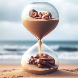 Eine Sanduhr zeigt oben ein schlafendes Baby auf einer Sandschicht und unten einen alten, gebrechlichen Mann, der im abgelaufenen Sand liegt. Das Bild symbolisiert den Fluss der Zeit und den Kreislauf des Lebens.